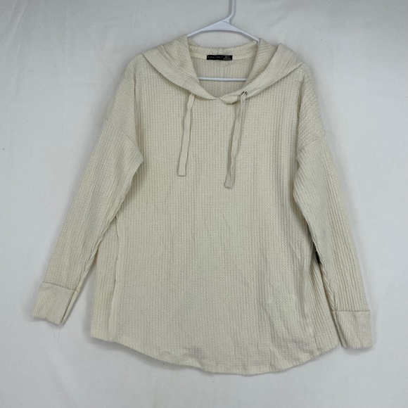 Black Tape Womens Size X Thermal Knit Hoodie Top Ivory Pullover Long Sleeves - Picture 1 of 9